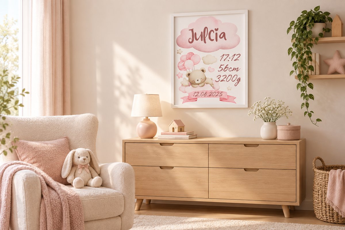 Personalizowany różowy plakat narodzinowy w jasnym pokoju dziecka nad drewnianą komodą